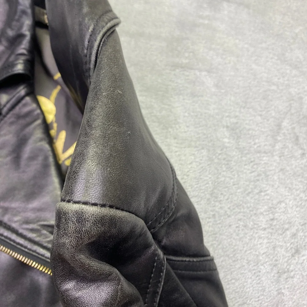 VTG Guess Womens Black Leather Moto Biker Jacket Asymmetrical Zip Brass Sz S/P - Picture 9 of 12